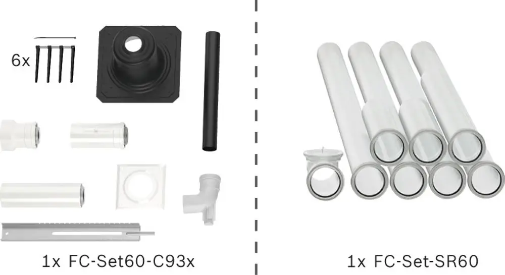 Zubehörset für Abgasanlagen mit verschiedenen Rohren, Verbindungselementen und Halterungen. Teile von Bosch für den sicheren Anschluss und die Installation.